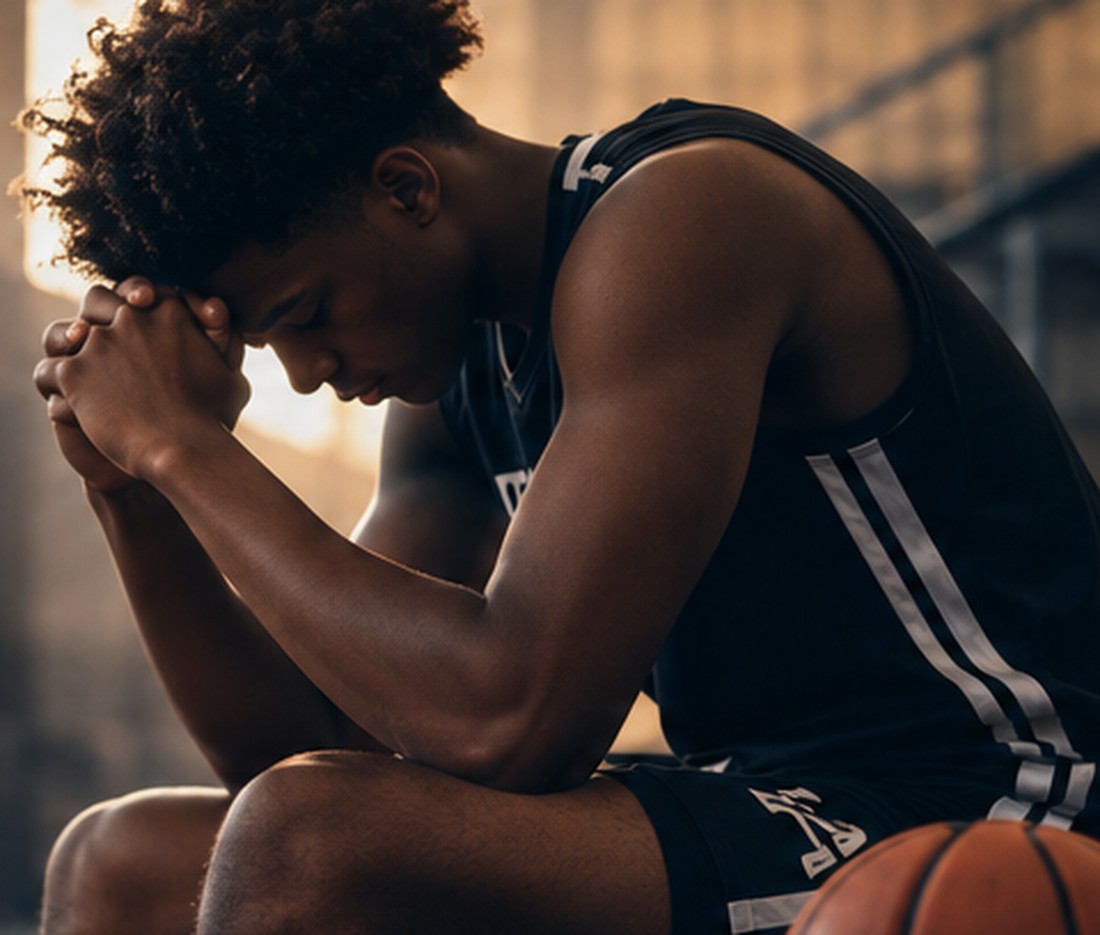 Thoughtful student-athlete seated in a basketball gym